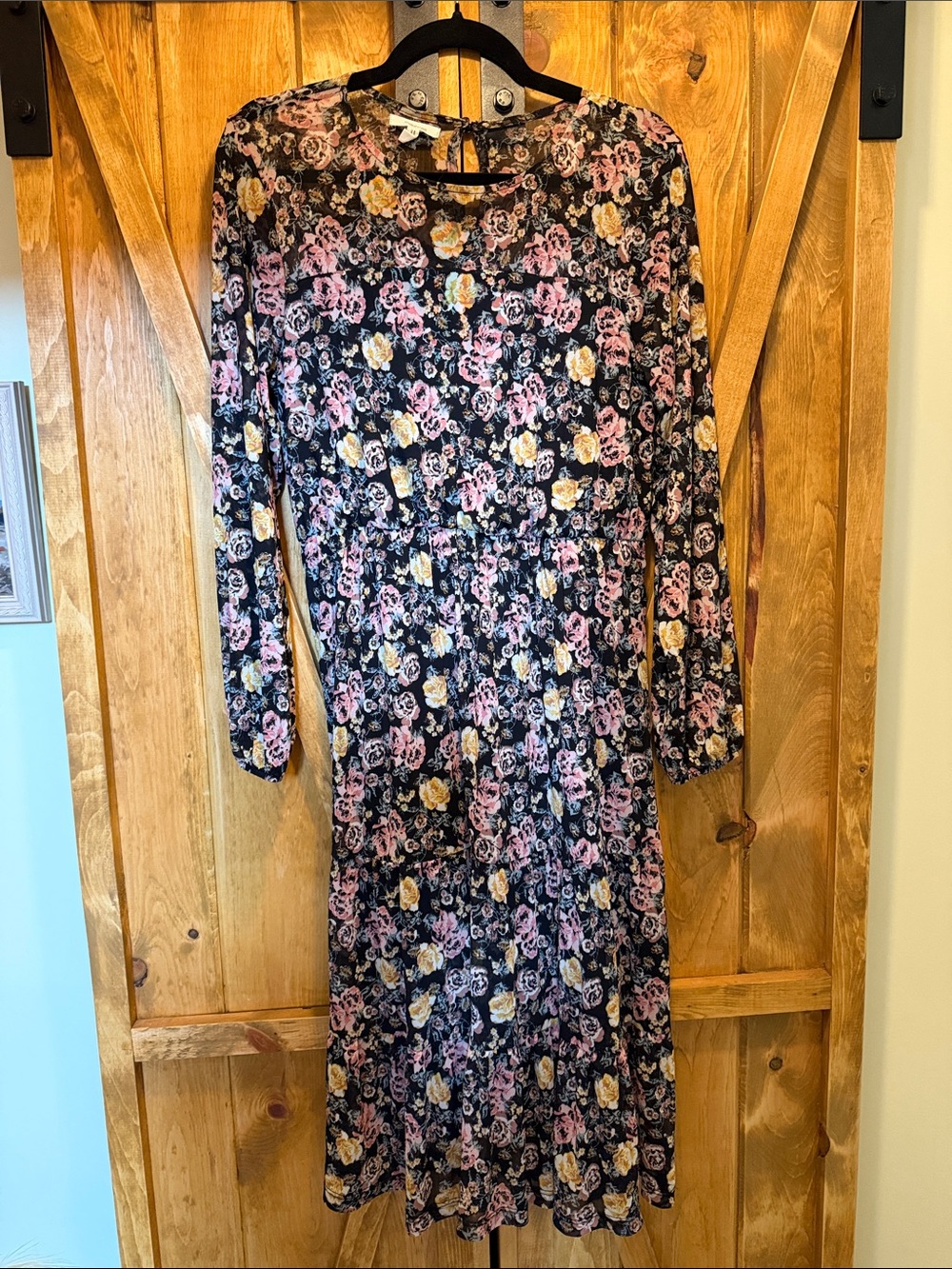 Maurices Black Floral Long-Sleeve Midi Dress with Pink & Yellow Blooms